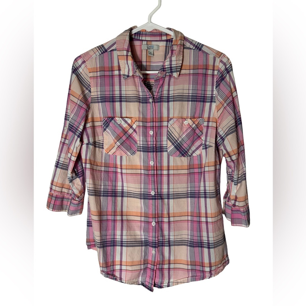 Croft & Barrow‎ Pink Plaid Button Down 3/4 Sleeve Shirt